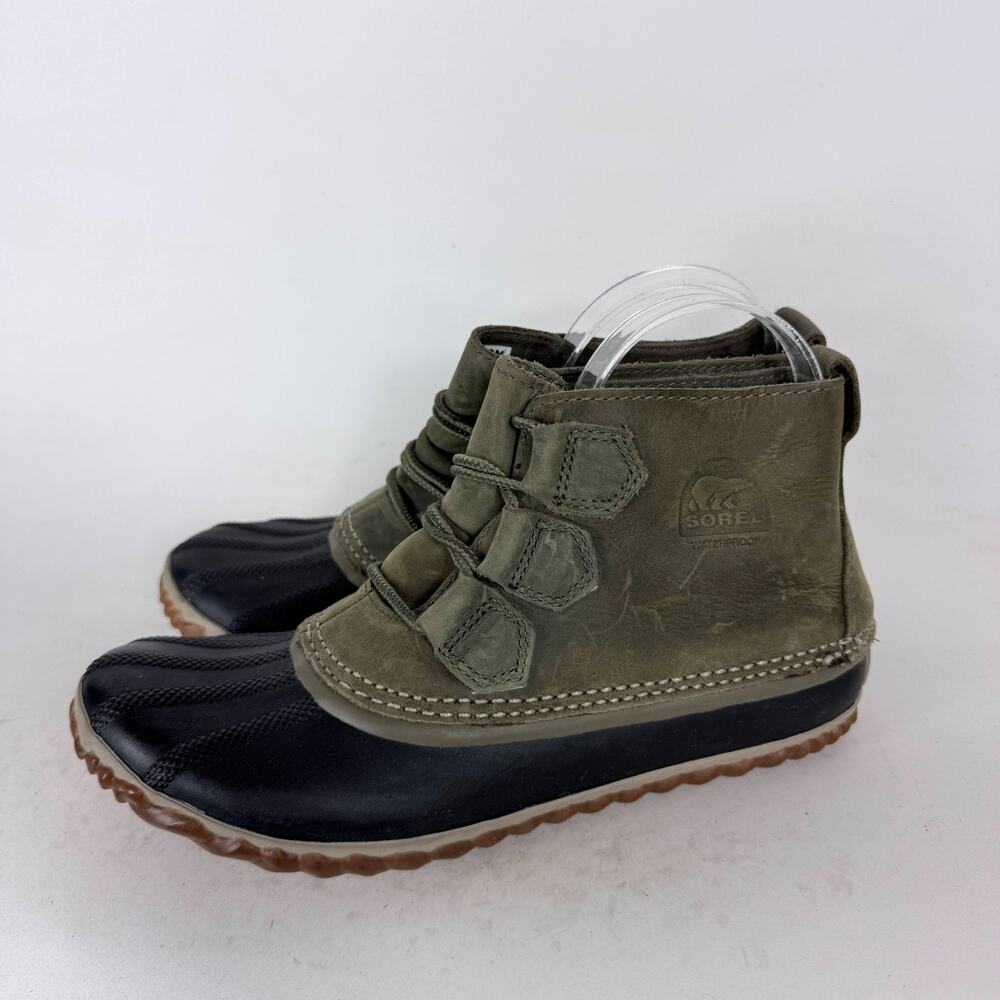 Sorel Out 'N About Duck Boots Women's 7.5 Green Black Leather Waterproof Lace-Up - Picture 5 of 9